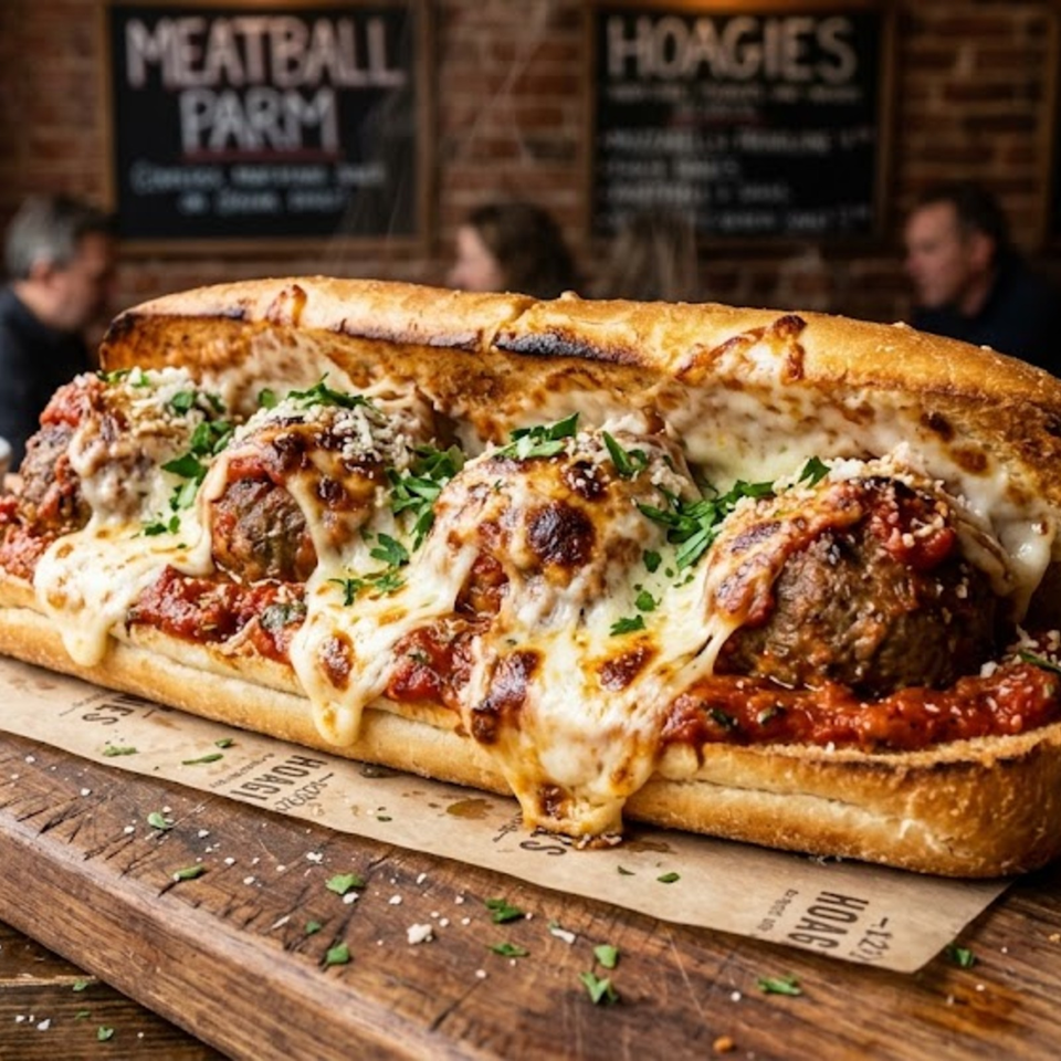Close-up of a meatball sub topped with melted cheese, tomato sauce, crumbled cheese, and parsley on a wooden board.