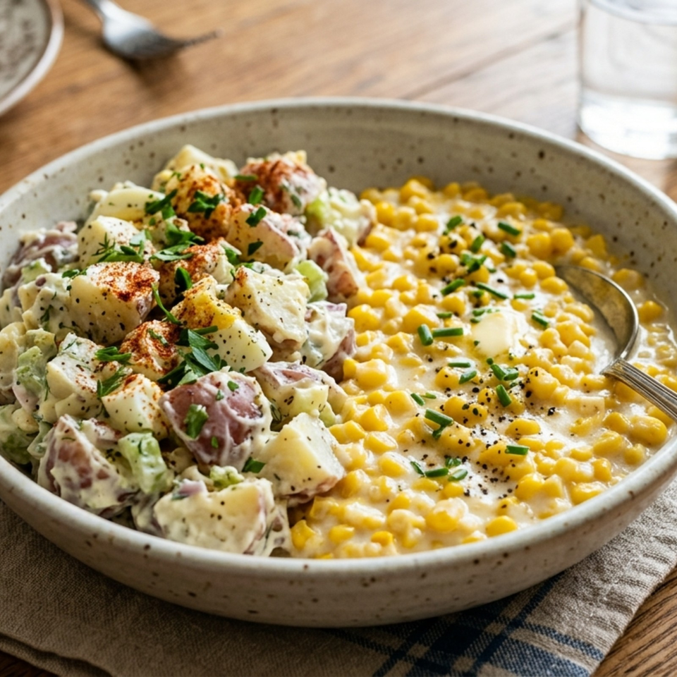 Creamy potato salad and sweet corn casserole garnished with herbs and black pepper in a speckled serving bowl.