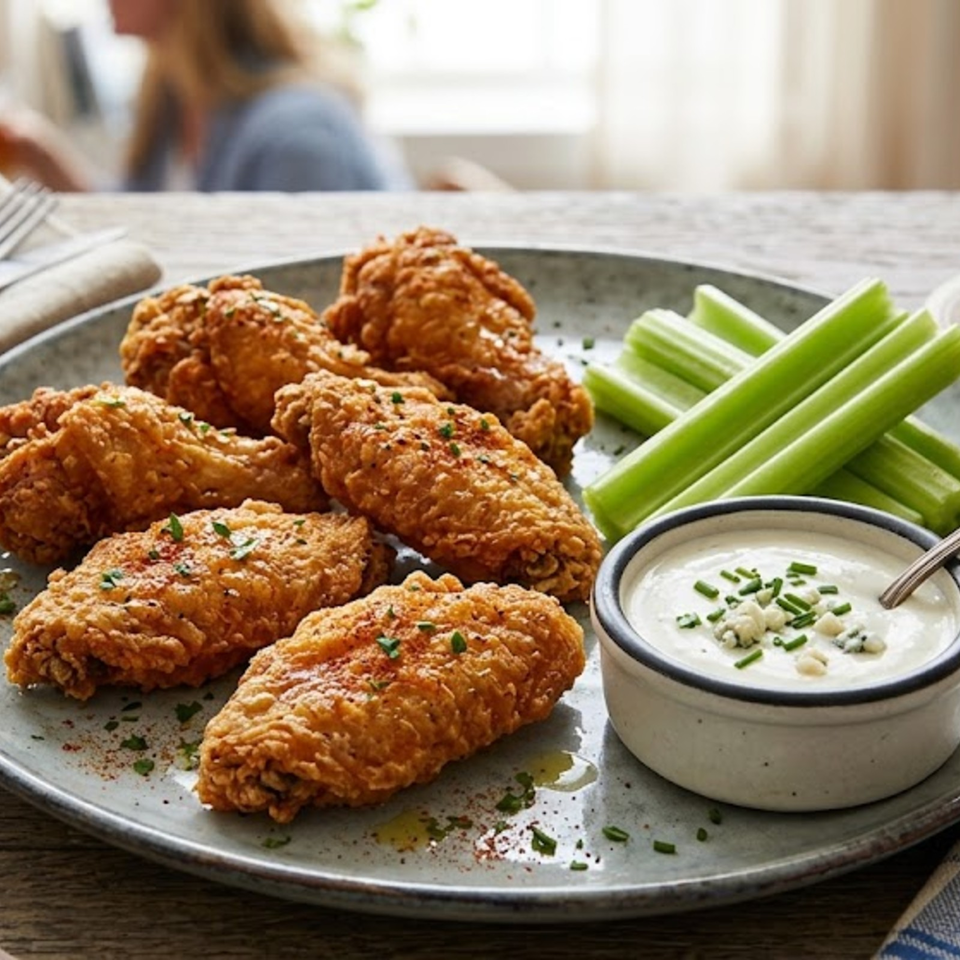 Crispy fried chicken tenders garnished with herbs, served with celery sticks and creamy chive dipping sauce on a platter.